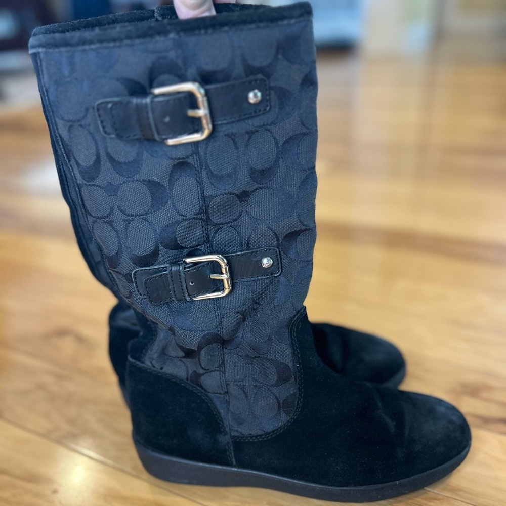 Coach Tinah Black Signature Suede Buckle Boots Mid-Calf Winter Lined 7B